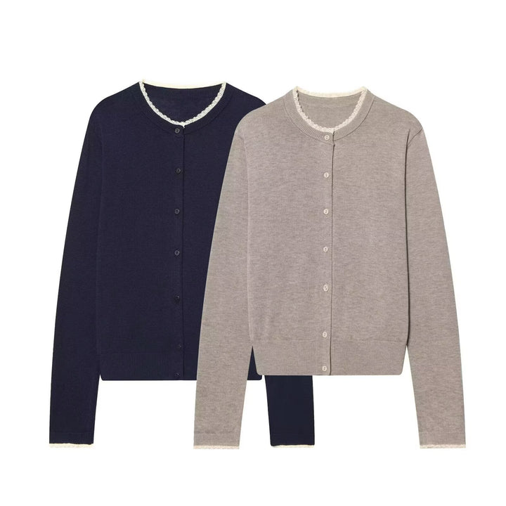 Damen Feinstrick-Cropped-Cardigan mit Spitzenbesatz und Rundhalsausschnitt Drune