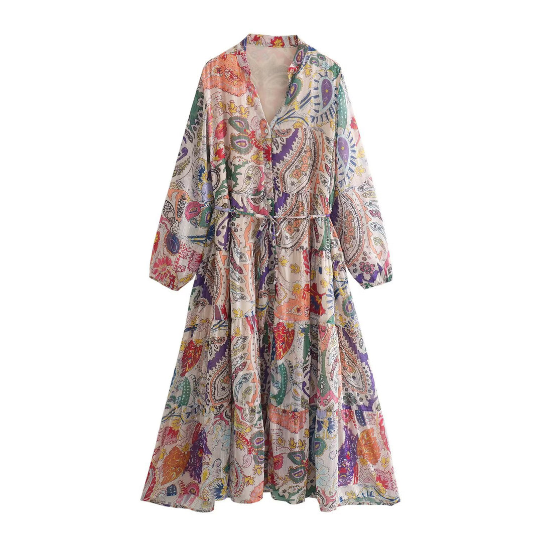 Damen Maxikleid mit Paisley‑Print, V‑Ausschnitt, Taillenband und Stufenrock Drune