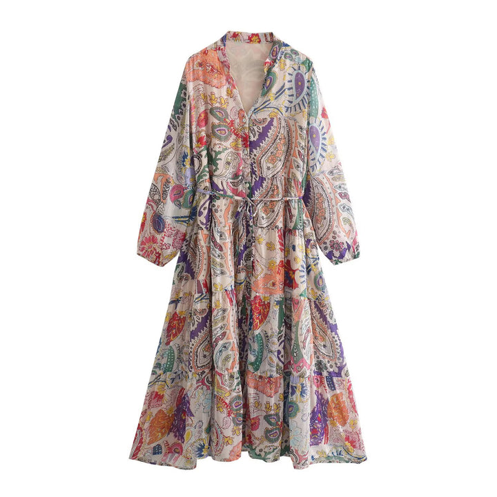 Damen Maxikleid mit Paisley‑Print, V‑Ausschnitt, Taillenband und Stufenrock Drune