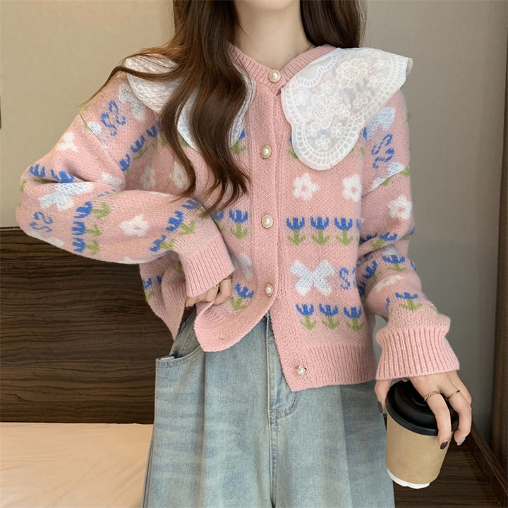 Damen modische Strickjacke mit Spitzenkragen und Floral-Design Drune
