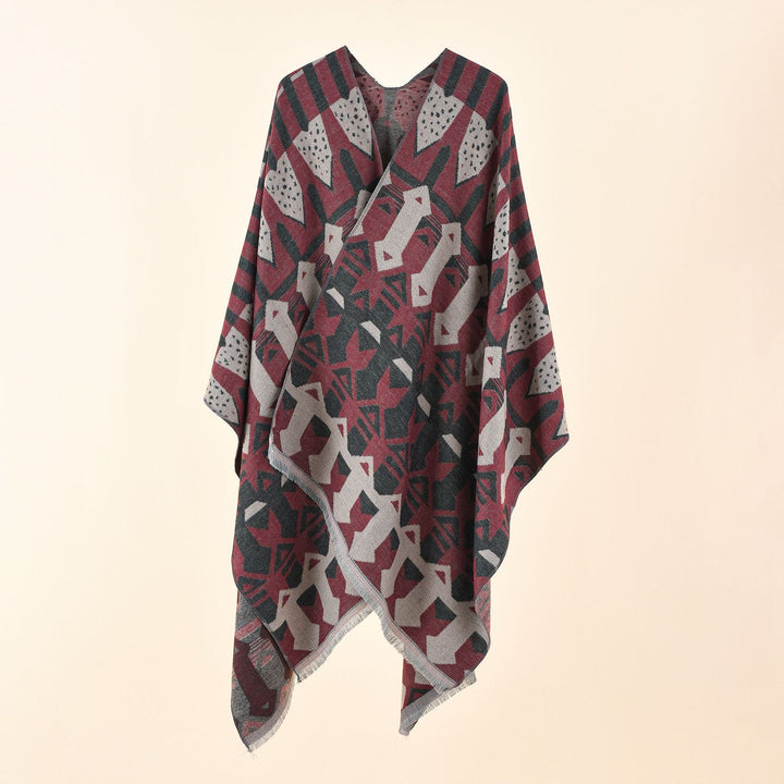 Damen Strick-Überwurfcape im Ruana-Stil mit grafischem Jacquard und Fransensaum Drune