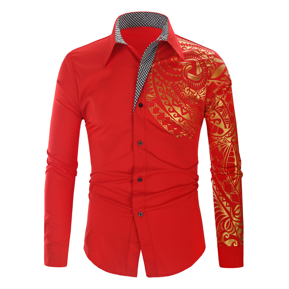 Herren Hemd mit asymmetrischem Tribal-Print, Slim-Fit und kontrastierter Innenblende Drune
