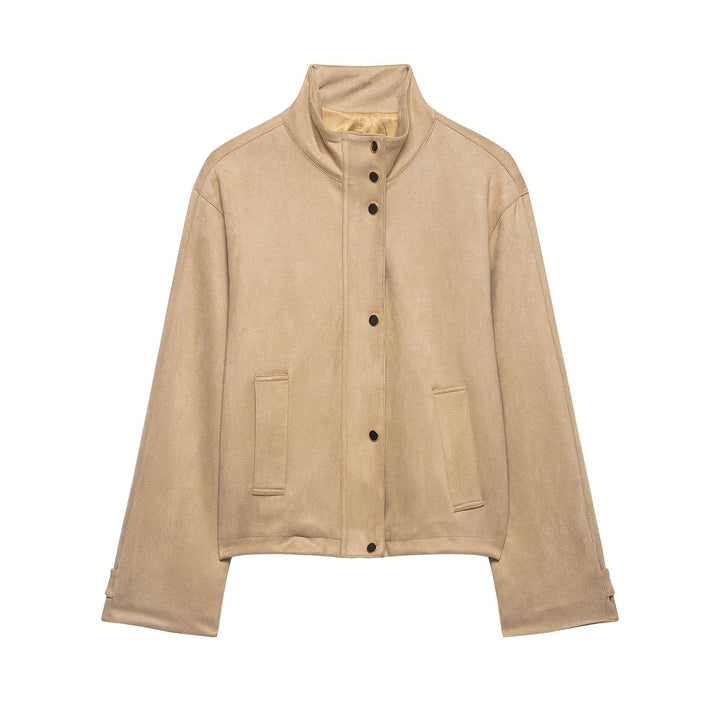 Damen Kurze Velours-Imitatjacke mit Stehkragen, Druckknopfleiste und aufgesetzten Taschen Drune