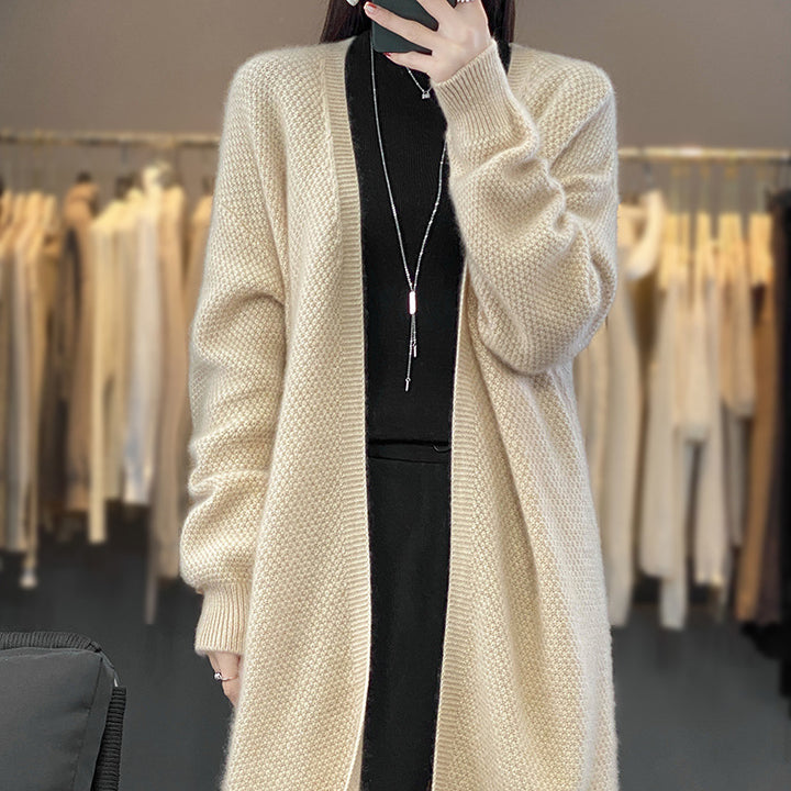 Damen Langer Offener Strickcardigan mit Samenmuster und gerippten Abschlüssen Drune