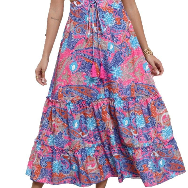 Damen Ausgestellter Maxirock mit Volant-Design und Taillenzug Drune