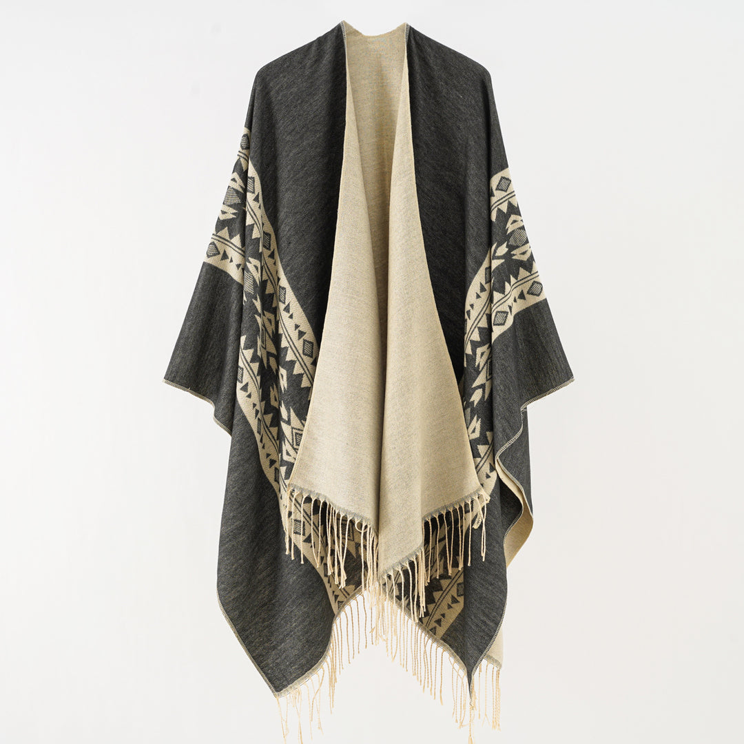Damen Oversize Fransen-Poncho aus Jacquard-Baumwollmischung Drune