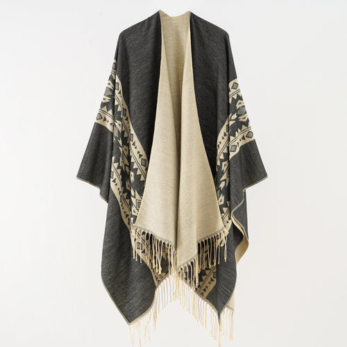 Damen Oversize Fransen-Poncho aus Jacquard-Baumwollmischung Drune