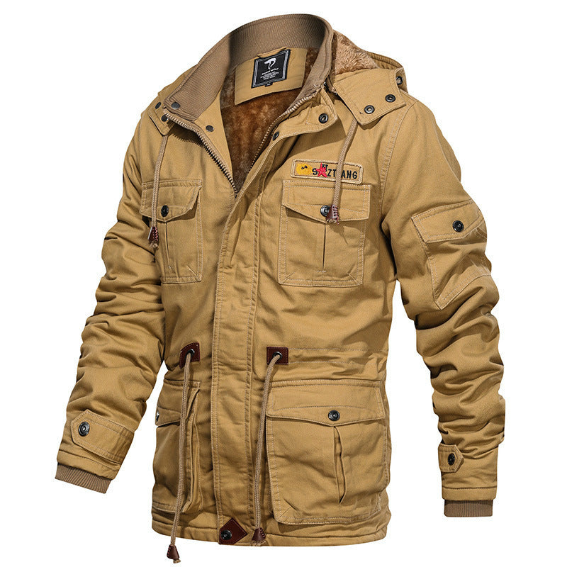 Herren Militärinspirierte Canvas-Fieldjacke mit Kapuze, Kordzug‑Taille und Fleece‑Innenfutter Drune