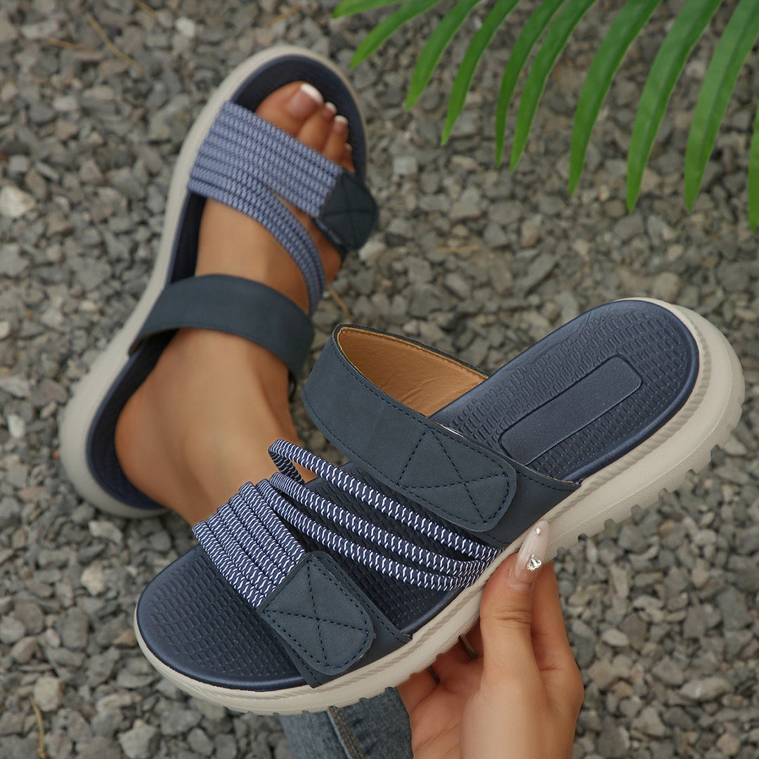 Damen Komfort-Pantolette mit verstellbaren Klettriemen, elastischen Zierbändern und stoßdämpfender Profilsohle Drune