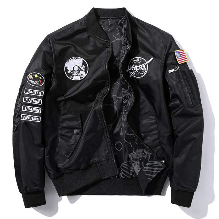 Herren  bestickte Raum-Patch glänzende Shell Bomberjacke mit bedrucktem Innenfutter und Ärmel-Reißverschluss-Nutztasche Drune