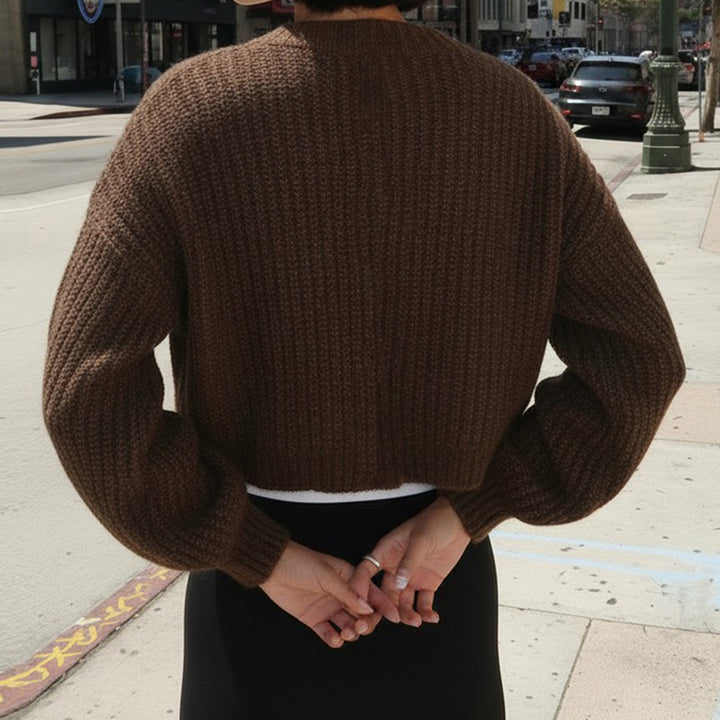 Damen Kurzgeschnittene Rippstrick-Cardigan mit Ballonärmeln und Zierknopfleiste Drune