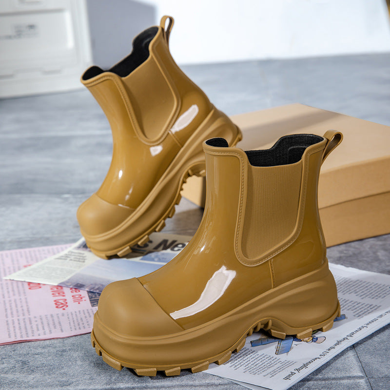 Damen Plateau-Gummistiefelette im Chelsea-Stil mit robuster Lug-Sohle Drune