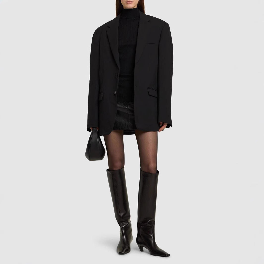Damen Kniehohe Lederstiefel mit spitz zulaufender Silhouette und mittlerem Absatz Drune