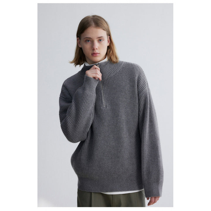 Herren Oversized-Rippenstrick Halbzip-Pullover mit Stehkragen Drune