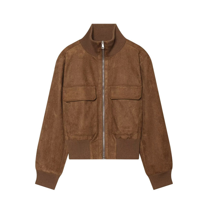 Damen Kurzblouson aus Veloursleder mit hohem Rippkragen und aufgesetzten Pattentaschen Drune
