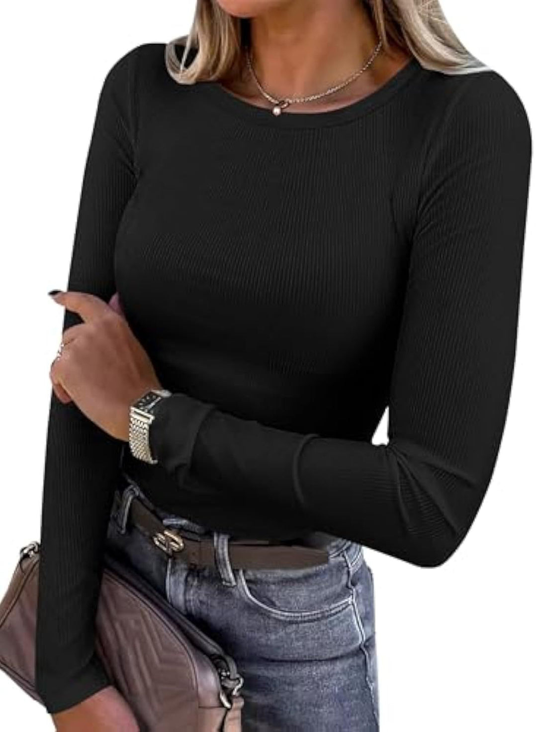 Damen Schmalgeschnittenes Ripp-Longsleeve mit Rundhalsausschnitt und Stretch-Baumwollmix Drune