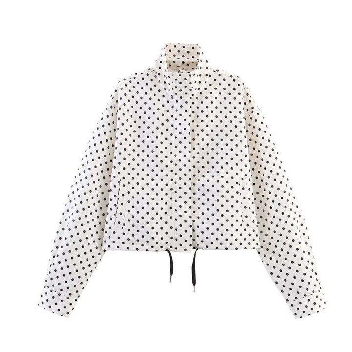 Damen Gekürzte gesteppte Jacke mit Polka‑Dot‑Print, Stehkragen und Tunnelzug Drune