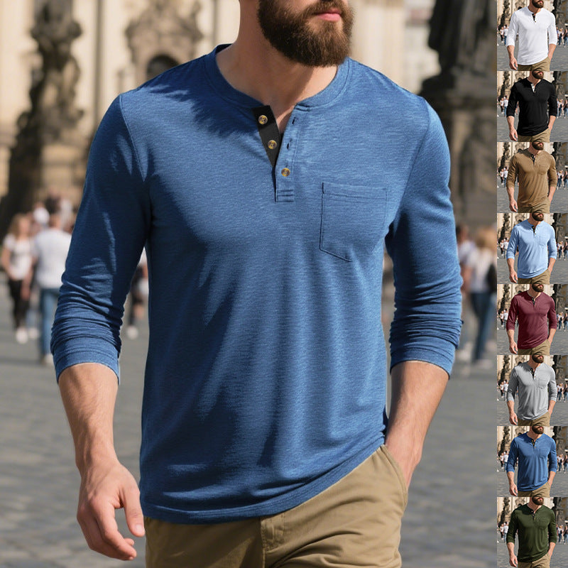 Herren nan schmal geschnittenes Henleyshirt mit Brusttasche und kontrastierender Knopfleiste Drune