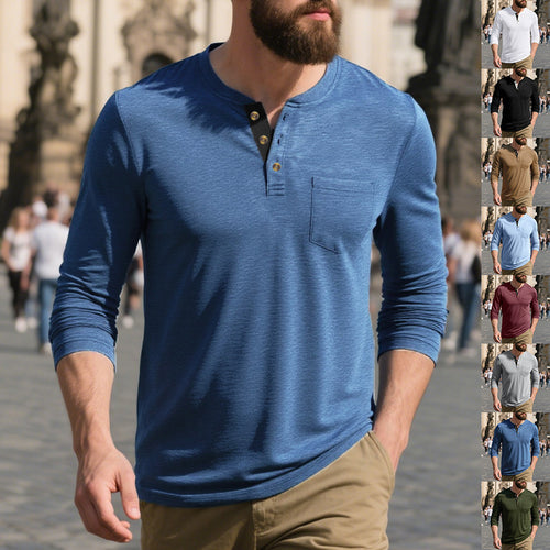 Herren nan schmal geschnittenes Henleyshirt mit Brusttasche und kontrastierender Knopfleiste Drune