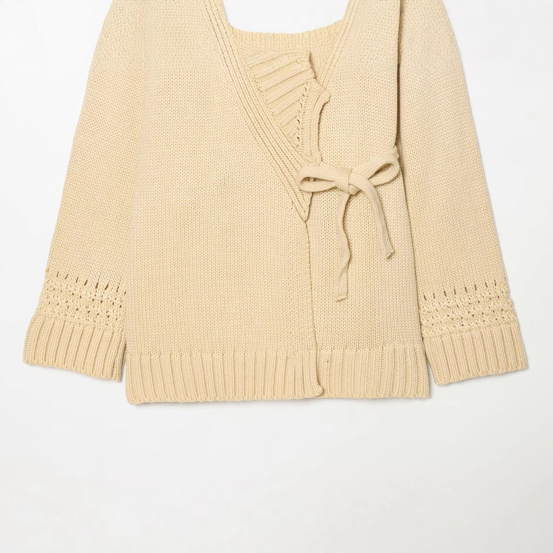 Damen Wickel-Strickcardigan mit Schalkragen, Bindegürtel und Häkelärmeln Drune