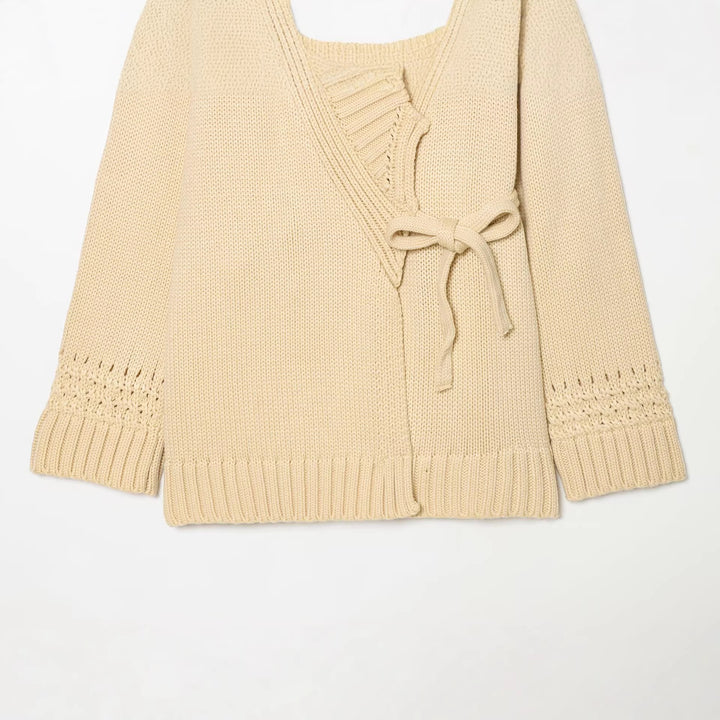 Damen Wickel-Strickcardigan mit Schalkragen, Bindegürtel und Häkelärmeln Drune