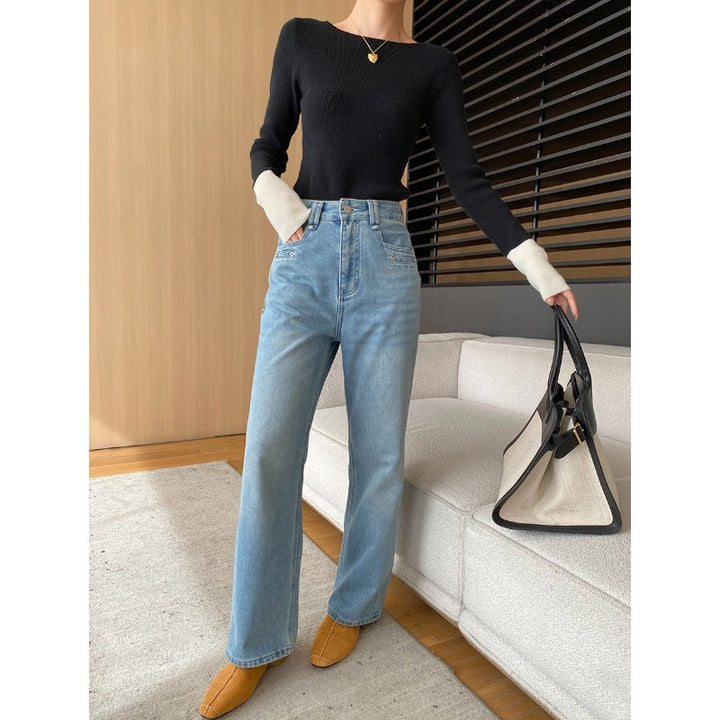 Damen hohe Taille Jeans mit weitem Bein und lässigem Schnitt Drune