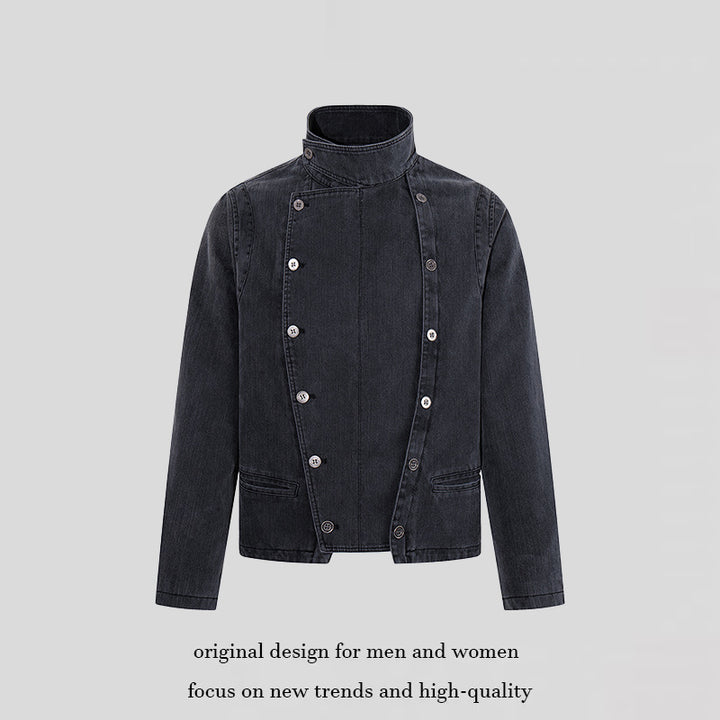 Herren asymmetrische Jeansjacke mit Stehkragen und zweireihiger Druckknopfleiste Drune