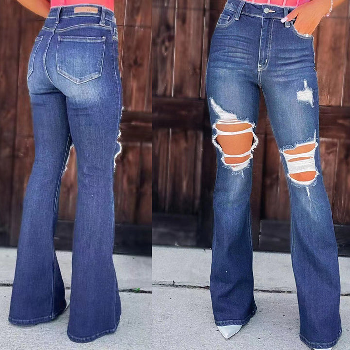 Damen nan Highwaist-Jeans mit ausgestelltem Bein und starkem Distressing an den Knien Drune