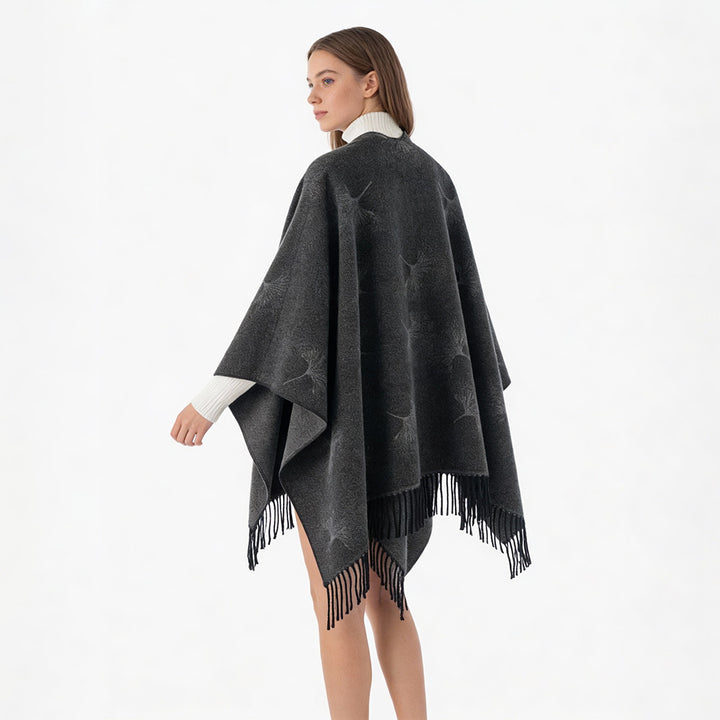Damen Fransen-Capeponcho mit Pusteblumen-Jacquard und Oversize-Schnitt Drune