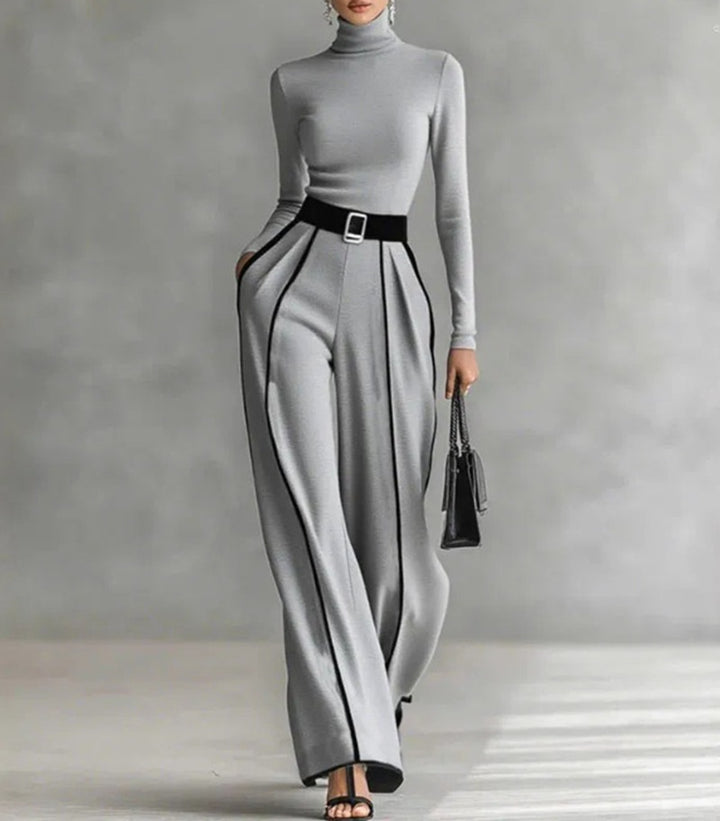 Damen nan elegantes Strickset mit tailliertem Rollkragenoberteil und weiter Plisseehose mit Taillengürtel Drune