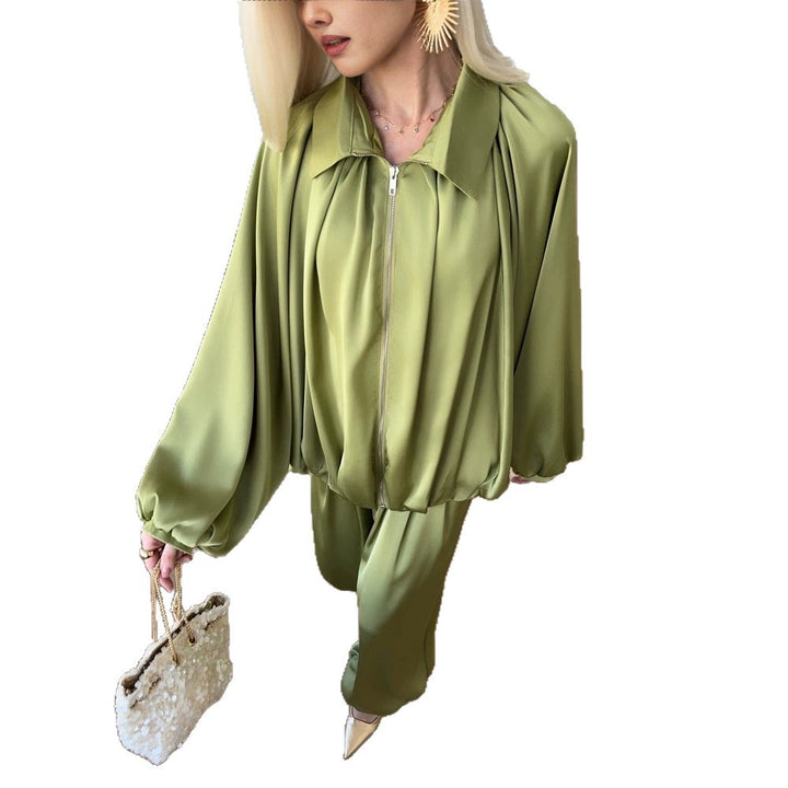 Damen Elegantes Satin-Zweiteiler-Set mit Oversize-Blouson und weiter Palazzo-Hose Drune