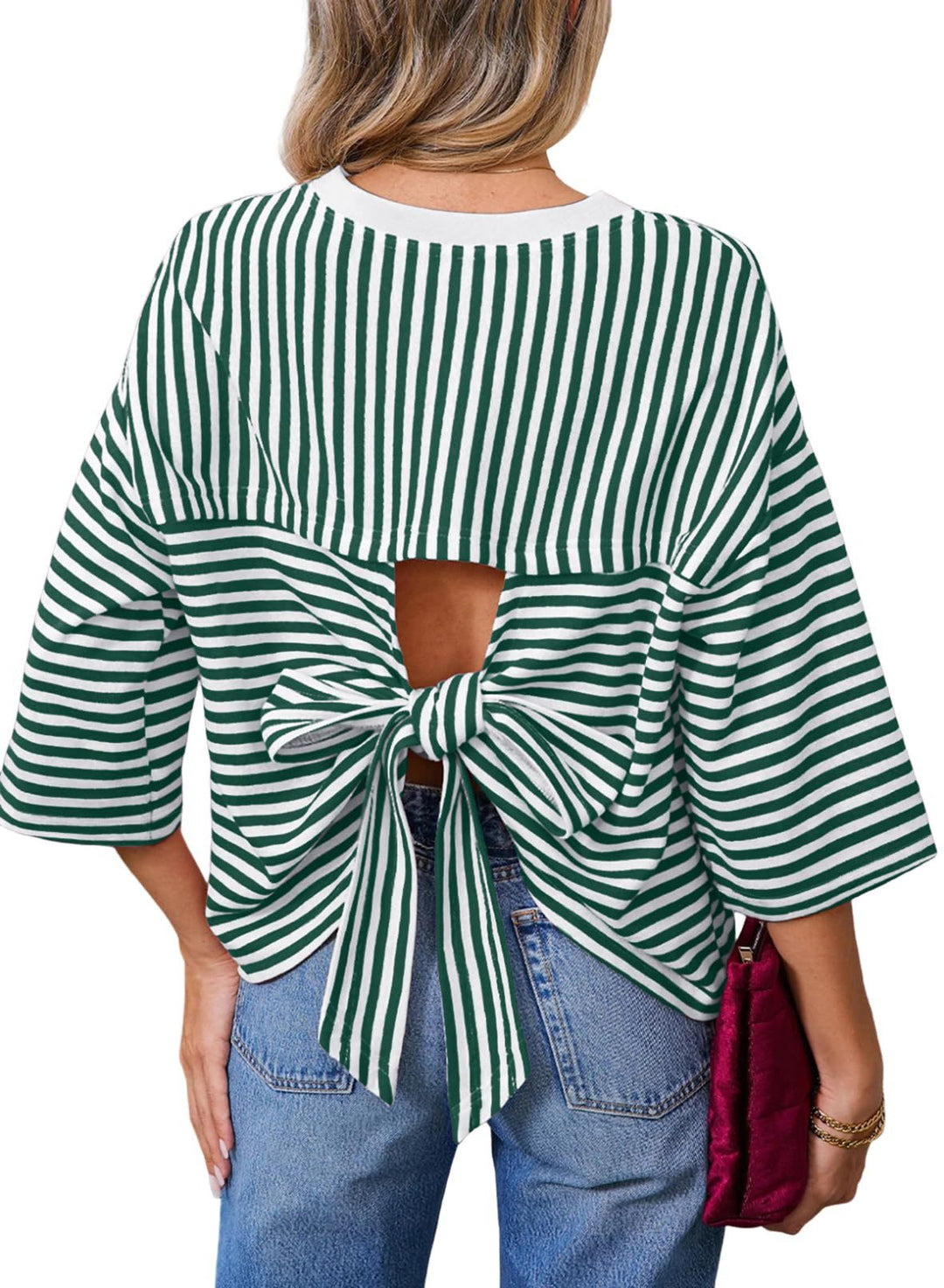 Damen Gestreiftes Oversize-Shirt mit Rückenausschnitt und Schleifenbindung Drune