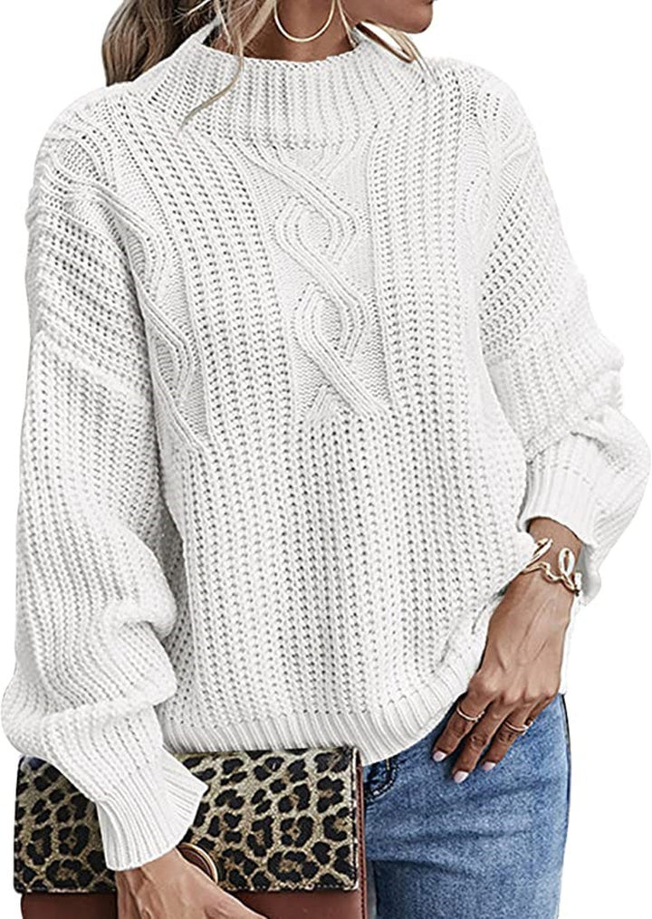 Damen Grobstrickpullover mit hohem Kragen und dekorativem Zopfmuster Drune
