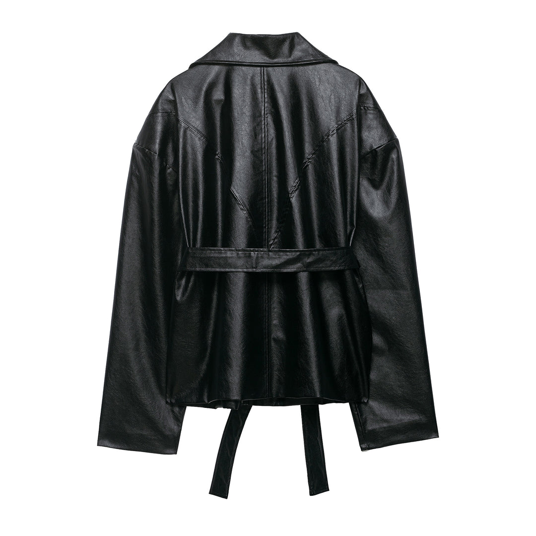 Damen Kurze Kunstlederjacke mit Taillengürtel, Reißverschluss und markantem Kragen Drune