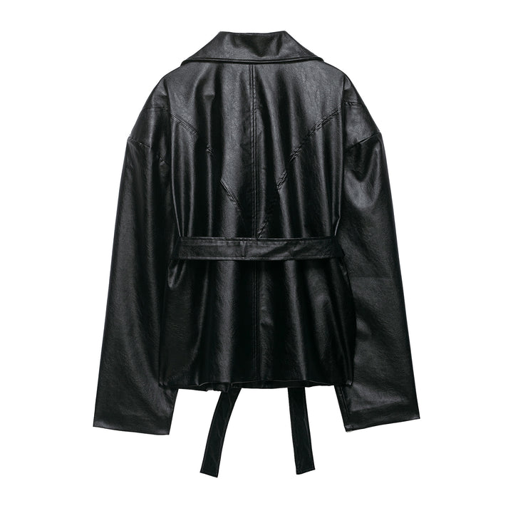 Damen Kurze Kunstlederjacke mit Taillengürtel, Reißverschluss und markantem Kragen Drune