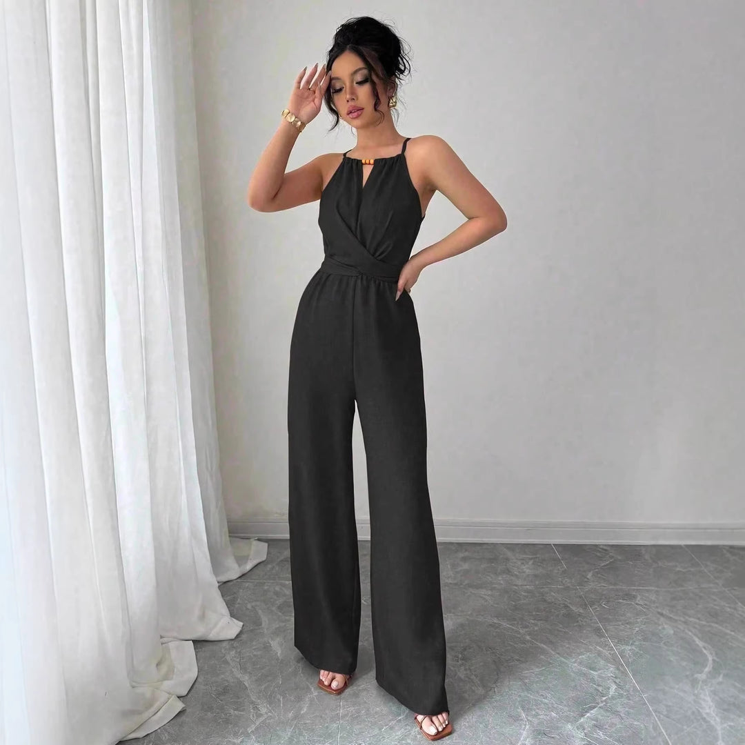 Damen Ärmelloser Neckholder-Jumpsuit mit Wickeloberteil und weitem Bein Drune