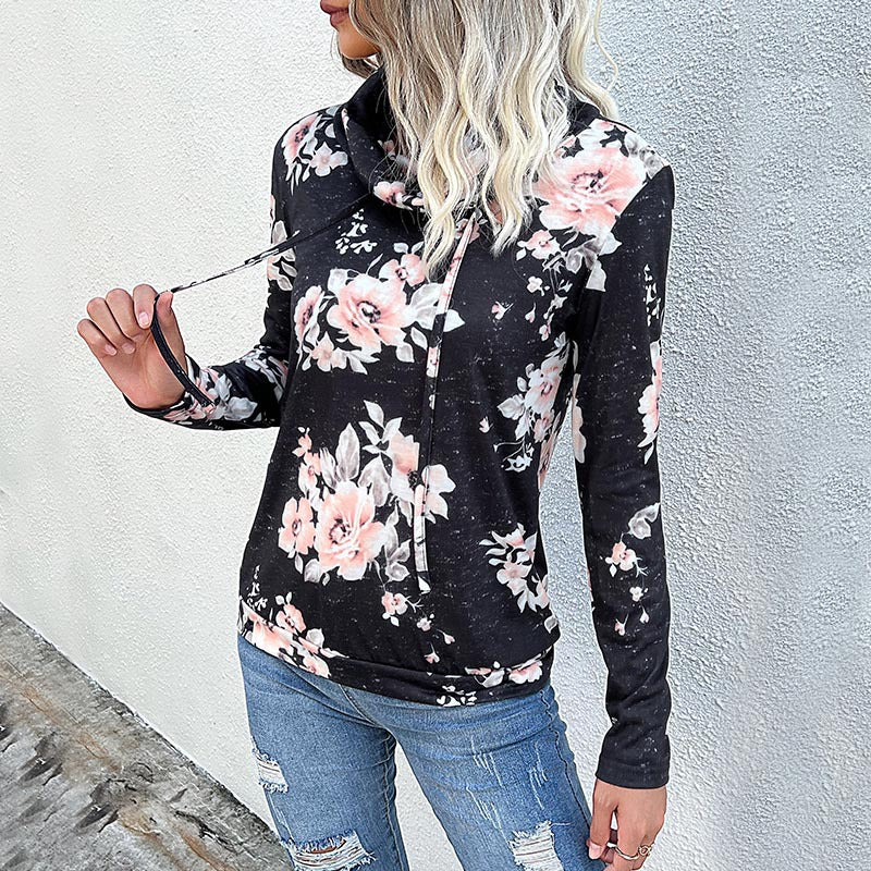 Damen Floraler Leichter Kapuzenpullover mit Wasserfallkragen und Tunnelzug Drune