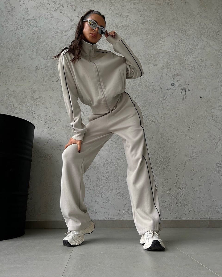 Damen lässiges Sweatset mit Stehkragen Reißverschluss gekürzter Jacke und hochtaillierter Schlaghose Drune
