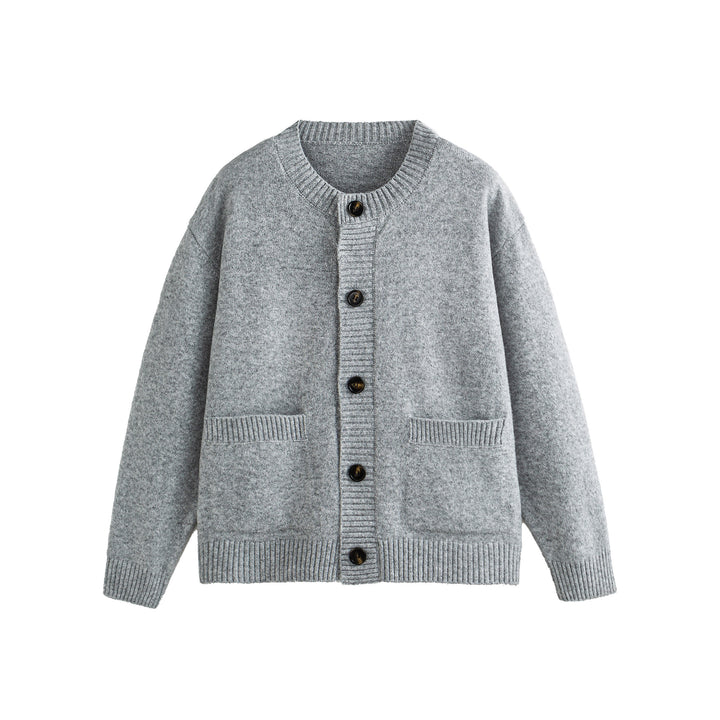 Unisex Grobgestrickte Boxy-Strickjacke mit Knopfleiste, Rundhalsausschnitt und aufgesetzten Taschen Drune