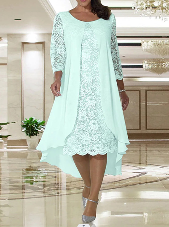 Damen nan elegantes Chiffon-Spitzenkleid mit Vokuhila-Überwurf und dreiviertelärmeln Drune