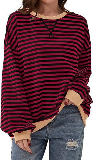 Damen Lässiges Oversize-Streifen-Sweatshirt mit Raglanärmeln und Kontrastbündchen Drune