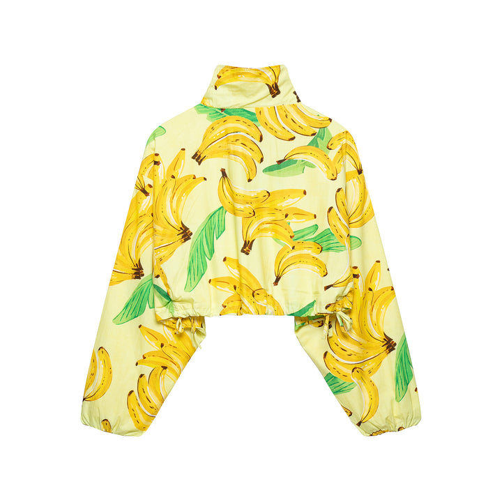 Damen Kurzbluse im Cropped-Boxy-Schnitt mit Banane‑Print, hohem Stehkragen und Tunnelzugsaum Drune