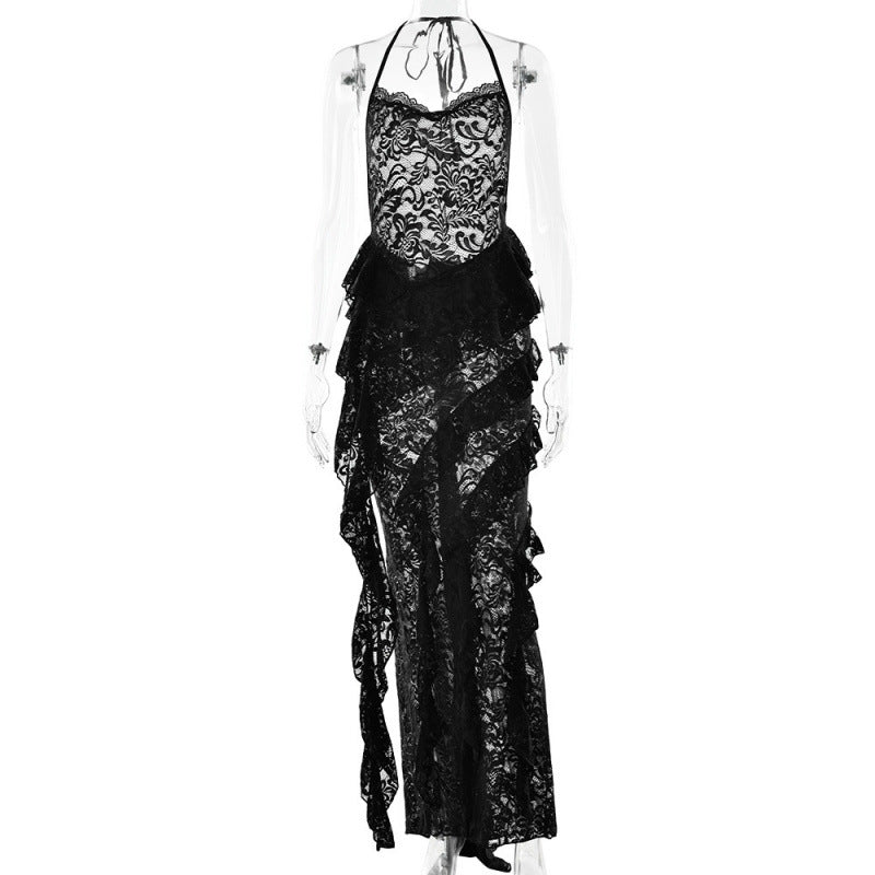 Damen verführerisches Spitzenkleid mit asymmetrischem Saum und Rüschendetails Drune