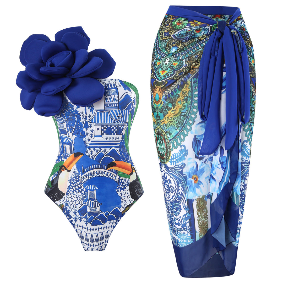 Damen Eleganter Badeanzug mit großem Blumen-Detail und transparentem Überrock Drune