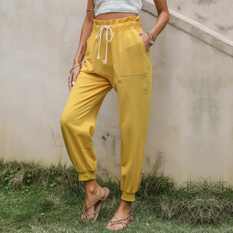 Damen Leichte Paperbag-Joggerhose mit Kordelzug, hohen Bundfalten und elastischen Bündchen Drune