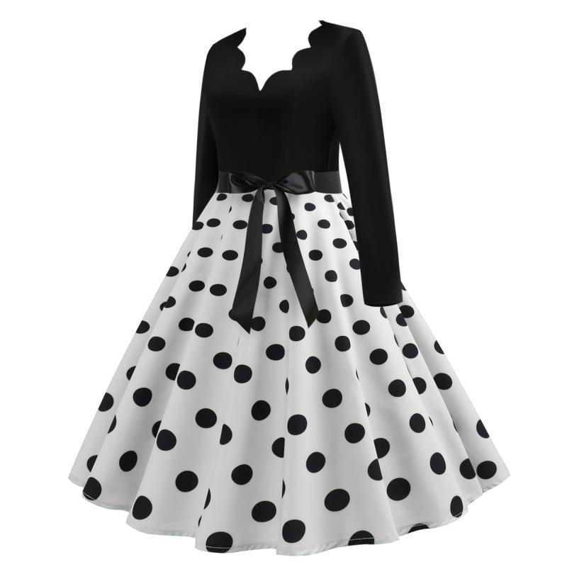 Damen Vintage Tellerkleid mit gewelltem V-Ausschnitt, tailliertem Satinband und langen Ärmeln Drune