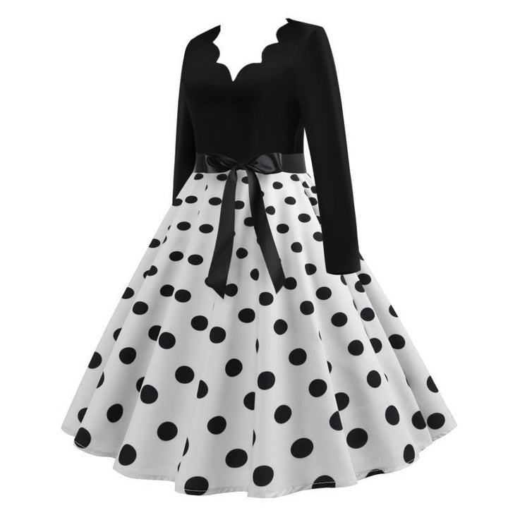 Damen Vintage Tellerkleid mit gewelltem V-Ausschnitt, tailliertem Satinband und langen Ärmeln Drune