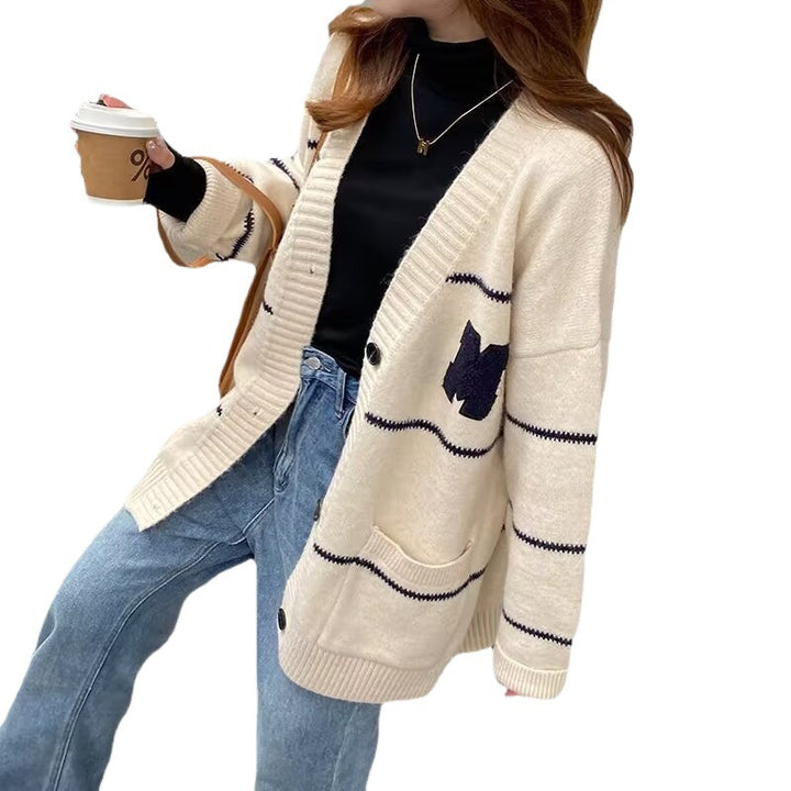 Damen Strickjacke mit zwei aufgesetzten Taschen und kontrastierenden Streifen Drune