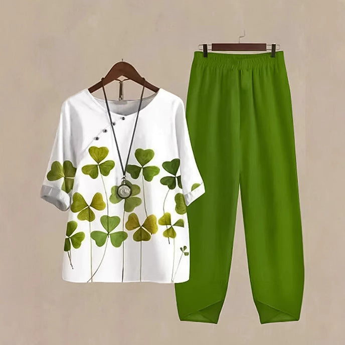 Damen nan zweiteiliges Casual-Ensemble mit Kleeblattprint-Tunika und elastischer Komfortbund-Hose Drune
