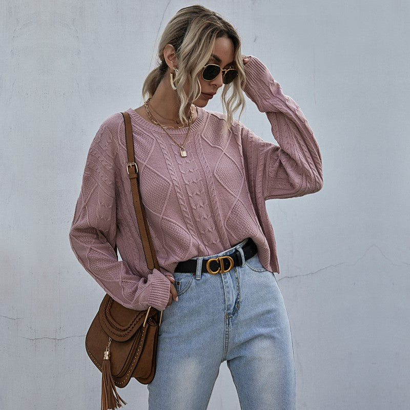Damen Lässiger Oversize-Strickpullover mit geometrischem Zopfmuster und tiefen Ärmelabschlüssen Drune